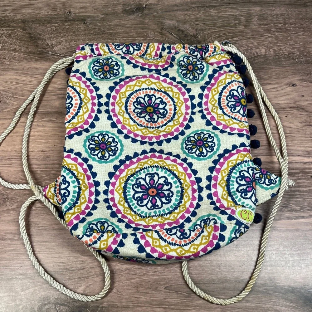 Douglas Company‎ Drawstring Backpack Multicolor Medallion Pom-Pom Trim Boho